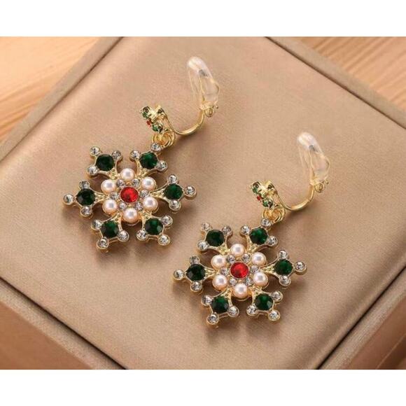 Clip on 1" gold, red, green stone and pearl dangle snowflake earrings - Picture 4 of 4